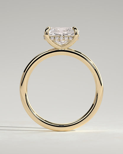 Frida - Elongated Cushion East West Claw Solitaire with Hidden Halo Engagement Ring - Yellow Gold