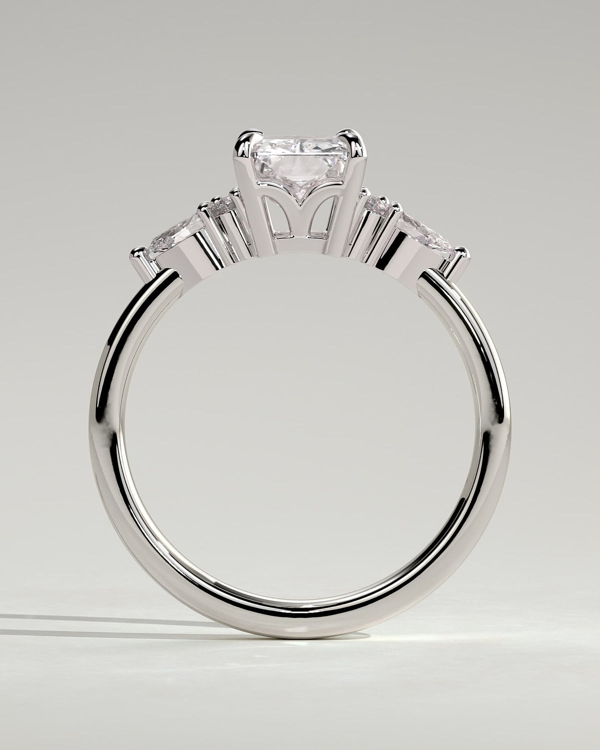 Heidi - Radiant Claw Solitaire with Pear Accents and Round Shoulder Stones Engagement Ring - White Gold