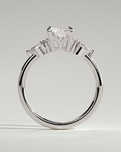 Heidi - Radiant Claw Solitaire with Pear Accents and Round Shoulder Stones Engagement Ring - White Gold