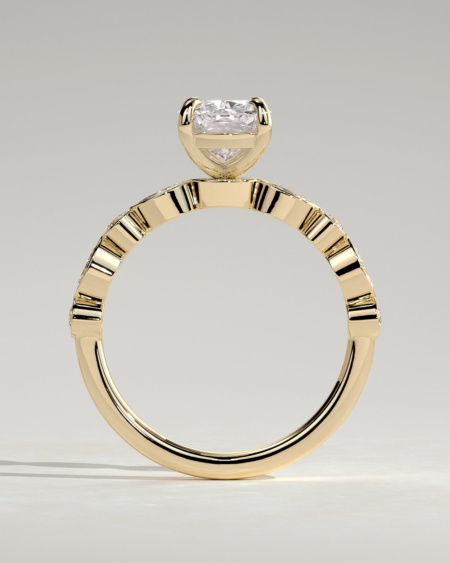 Carrie - Elongated Cushion Claw Solitaire with Round-Marquise Bezel Accent Stones Engagement Ring - Yellow Gold - Yellow Gold 2ct