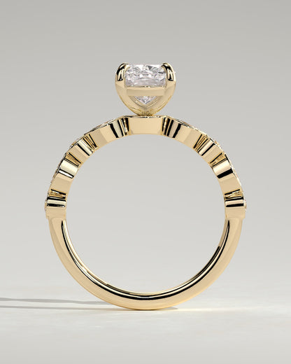 Carrie - Elongated Cushion Claw Solitaire with Round-Marquise Bezel Accent Stones Engagement Ring - Yellow Gold