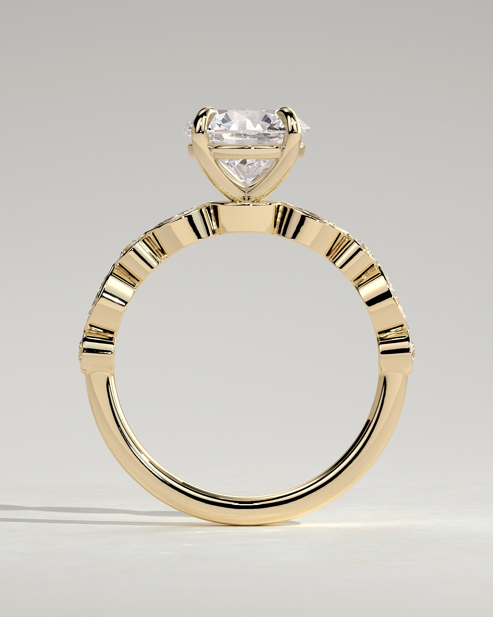 Cartia - Round Claw Solitaire with Round-Marquise Bezel Accent Stones Engagement Ring - Yellow Gold - Yellow Gold 2ct