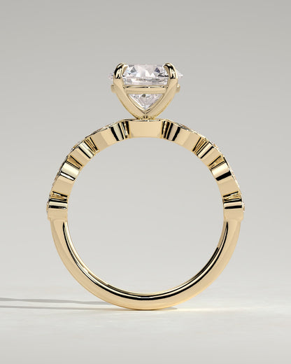 Cartia - Round Claw Solitaire with Round-Marquise Bezel Accent Stones Engagement Ring - Yellow Gold