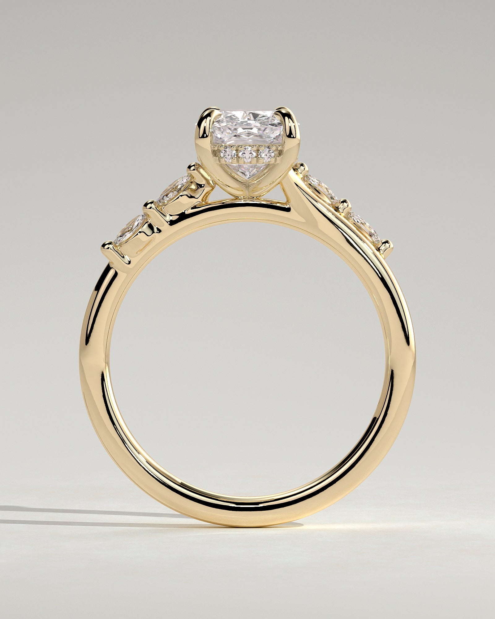 Elle - Elongated Cushion Claw Solitaire with Hidden Halo, Opposing Marquise Accents and Cathedral High Setting Engagement Ring - Yellow Gold - Yellow Gold 2ct