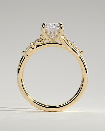 Elle - Elongated Cushion Claw Solitaire with Hidden Halo, Opposing Marquise Accents and Cathedral High Setting Engagement Ring - Yellow Gold