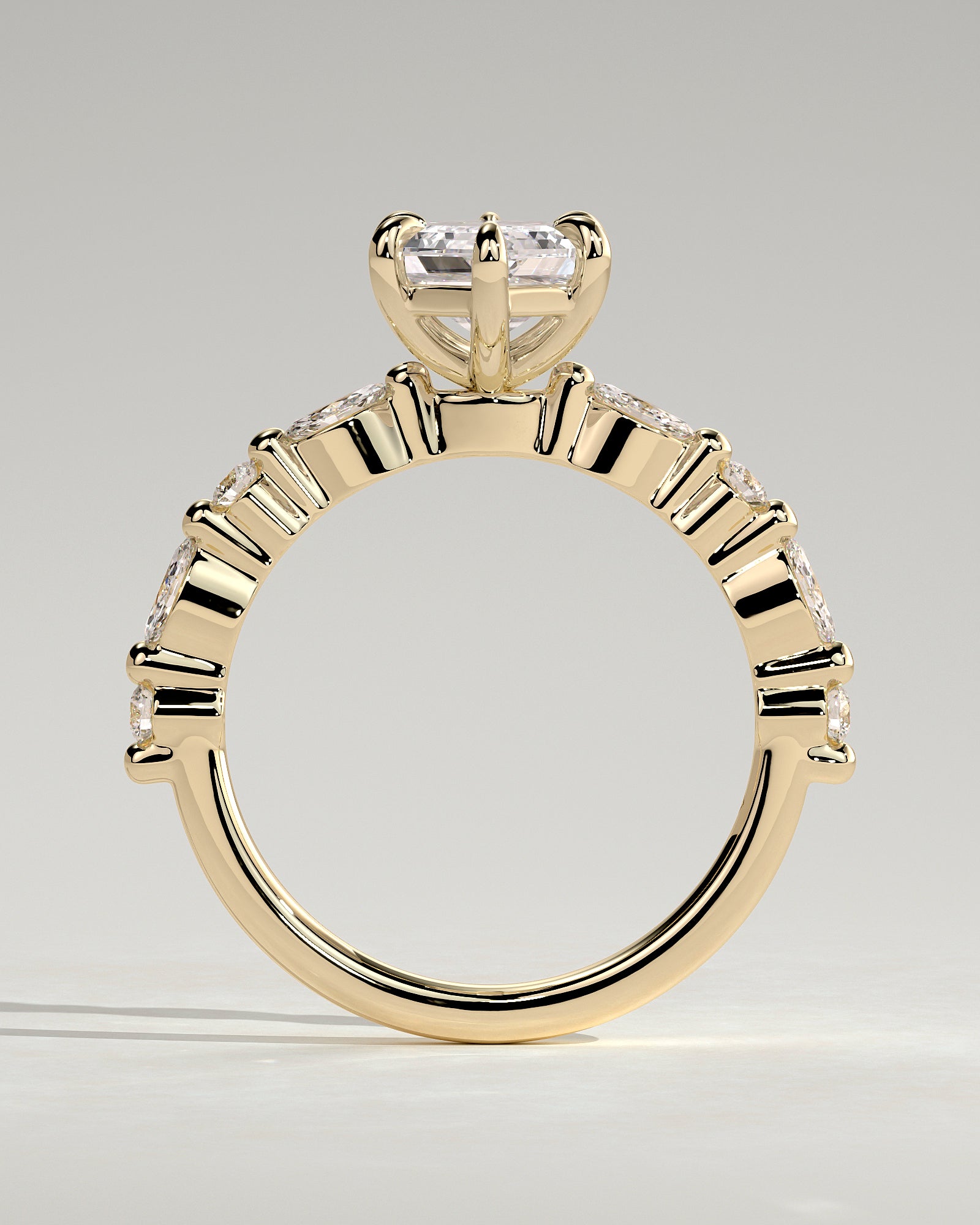Agnes - Elongated Hexagon Claw Solitaire with Marquise and Round Accent Stones Engagement Ring - Yellow Gold - Yellow Gold 2ct