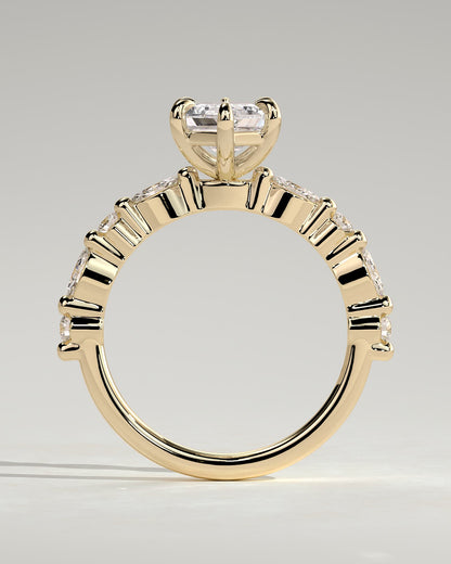 Agnes - Elongated Hexagon Claw Solitaire with Marquise and Round Accent Stones Engagement Ring - Yellow Gold - yellow gold - Lara Jewels
