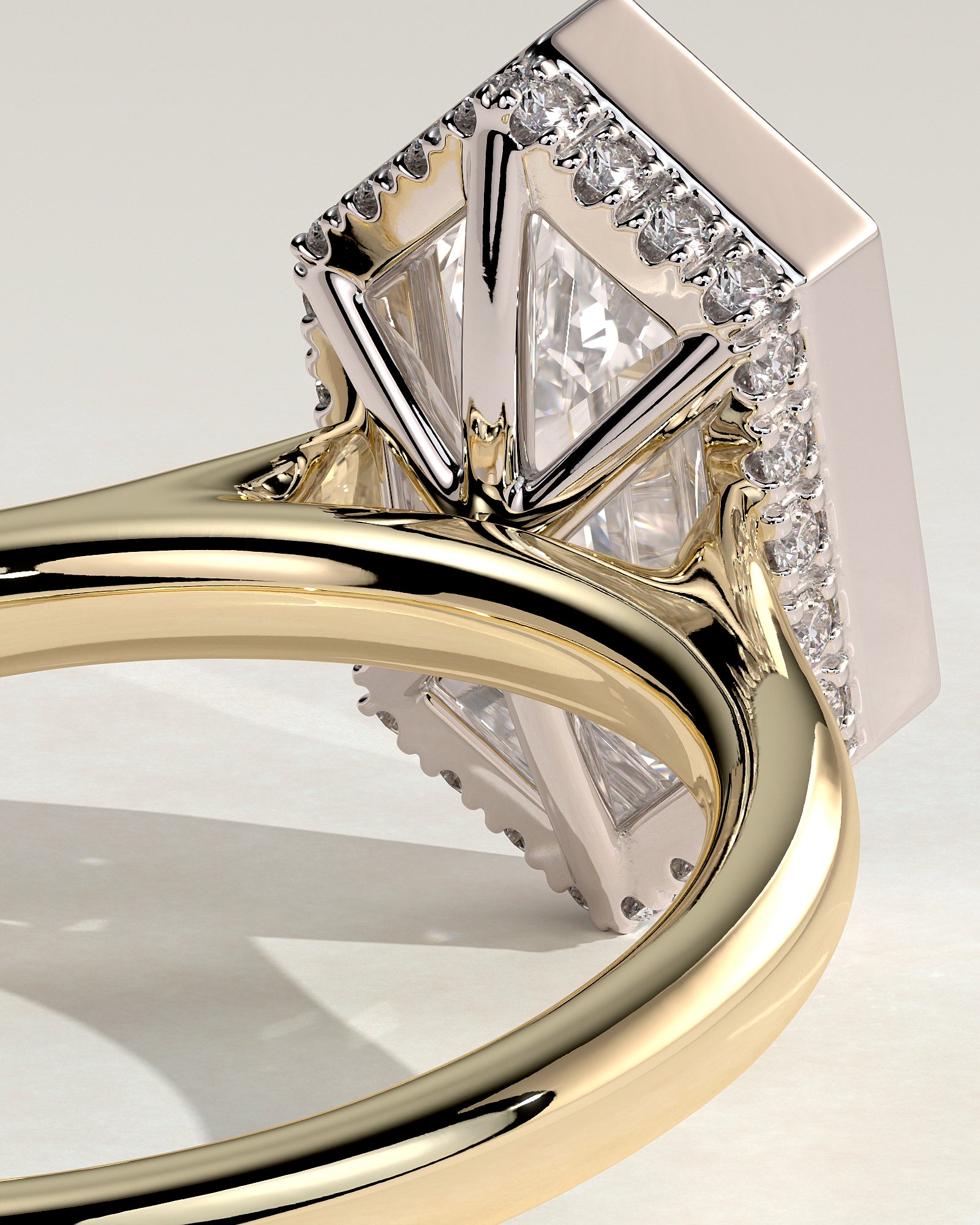 Gloria - Elongated Hexagon Bezel Solitaire with Hidden Halo and Cathedral High Setting Engagement Ring - Yellow Two-Tone - Yellow Two-Tone 2ct