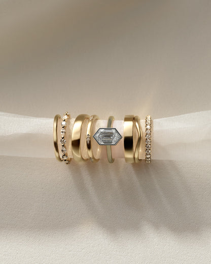 Gloria - Elongated Hexagon Bezel Solitaire with Hidden Halo and Cathedral High Setting Engagement Ring - Yellow Two-Tone