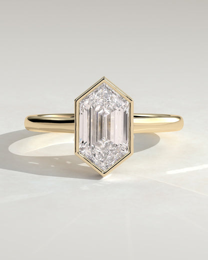Gloria - Elongated Hexagon Bezel Solitaire with Hidden Halo and Cathedral High Setting Engagement Ring - Yellow Gold