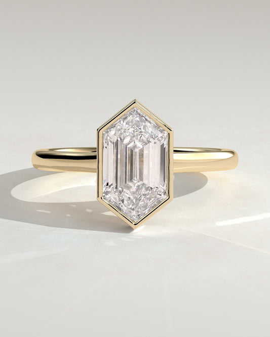 Gloria - Elongated Hexagon Bezel Solitaire with Hidden Halo and Cathedral High Setting Engagement Ring - Yellow Gold - Yellow Gold 2ct