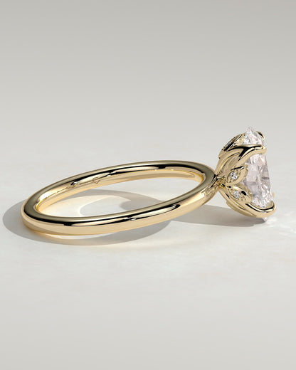 Aurelie - Oval Claw Solitaire with Petal Gallery and Accent Leaf Detail Engagement Ring - Yellow Gold