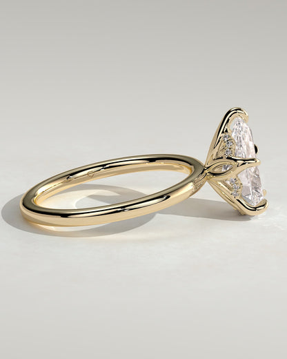 Blossom - Pear Claw Solitaire with Petal Gallery and Accented Tiara Detail Engagement Ring - Yellow Gold