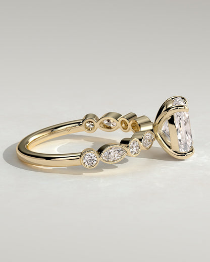 Carrie - Elongated Cushion Claw Solitaire with Round-Marquise Bezel Accent Stones Engagement Ring - Yellow Gold