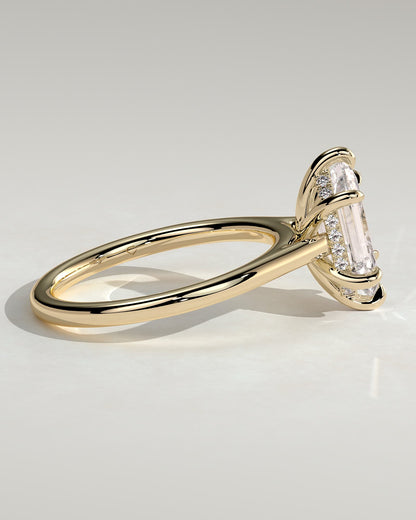 Anastasia - Elongated Hexagon Claw Solitaire with Hidden Halo and Cathedral High Setting Engagement Ring - Yellow Gold