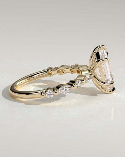 Agnes - Elongated Hexagon Claw Solitaire with Marquise and Round Accent Stones Engagement Ring - Yellow Gold - yellow gold - Lara Jewels