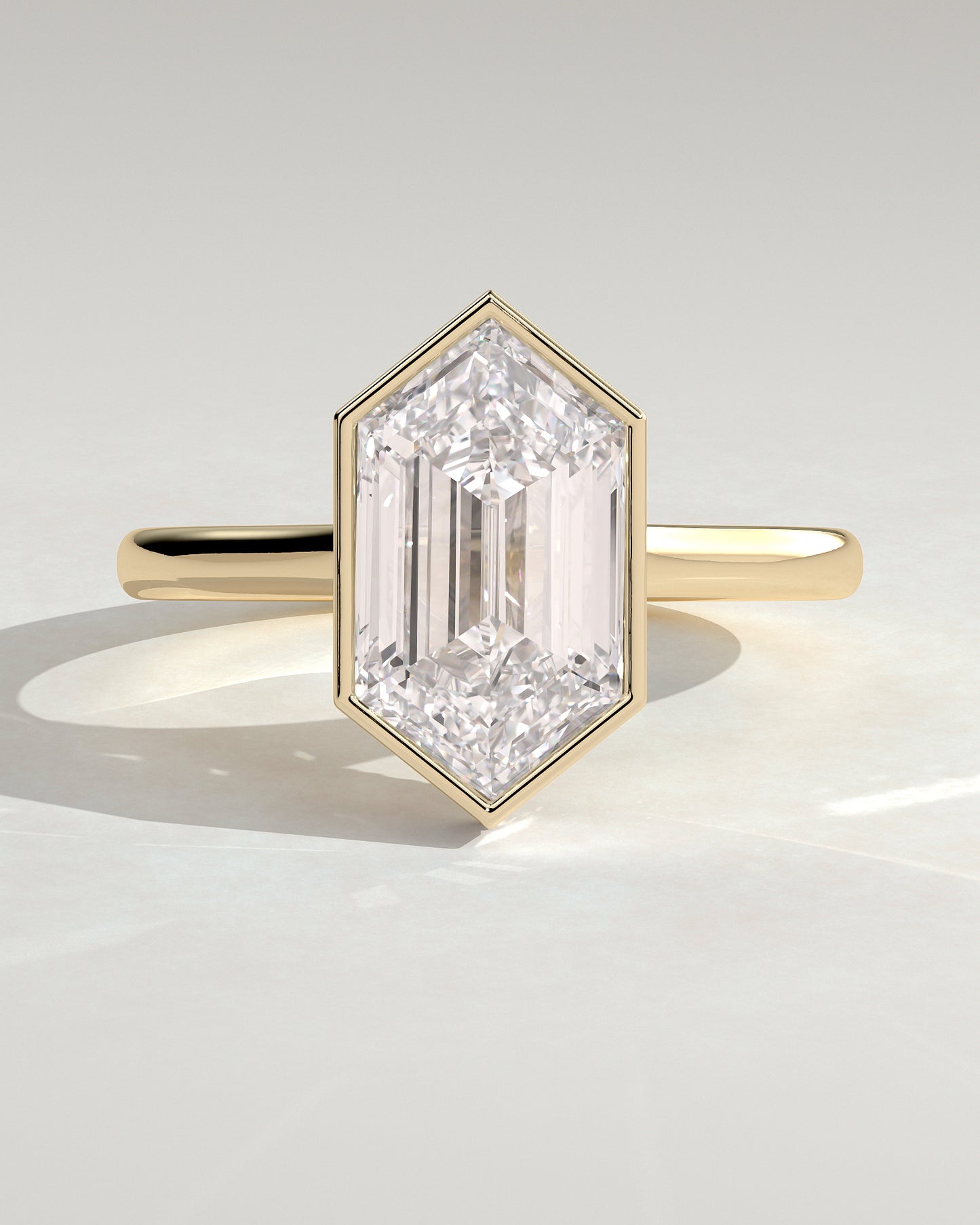 Gloria - Elongated Hexagon Bezel Solitaire with Hidden Halo and Cathedral High Setting Engagement Ring - Yellow Gold