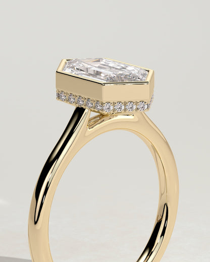 Gloria - Elongated Hexagon Bezel Solitaire with Hidden Halo and Cathedral High Setting Engagement Ring - Yellow Gold