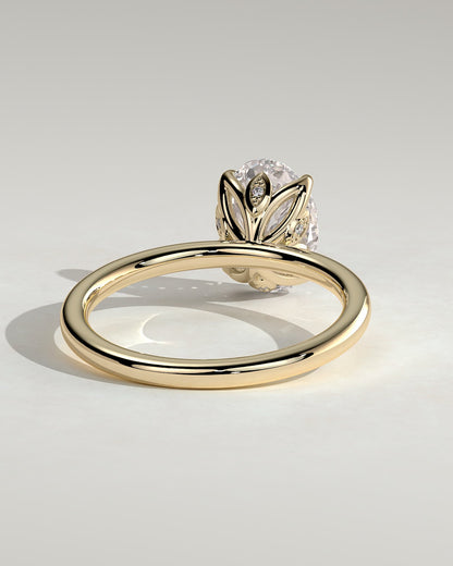 Aurelie - Oval Claw Solitaire with Petal Gallery and Accent Leaf Detail Engagement Ring - Yellow Gold
