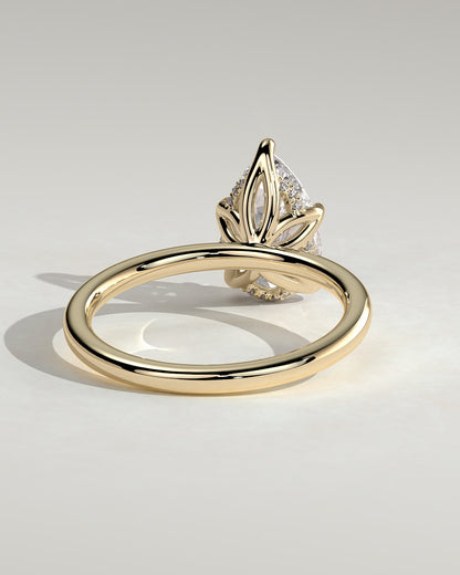 Blossom - Pear Claw Solitaire with Petal Gallery and Accented Tiara Detail Engagement Ring - Yellow Gold