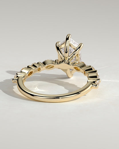 Agnes - Elongated Hexagon Claw Solitaire with Marquise and Round Accent Stones Engagement Ring - Yellow Gold - yellow gold - Lara Jewels