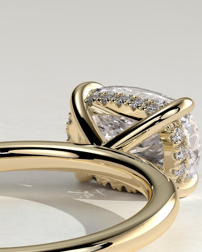 Frida - Elongated Cushion East West Claw Solitaire with Hidden Halo Engagement Ring - Yellow Gold