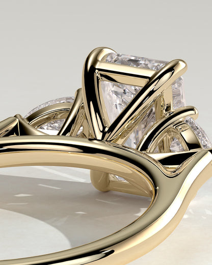 Davina - Emerald Claw Trilogy with Pear Side Stones and Cathedral Setting Engagement Ring - Yellow Gold