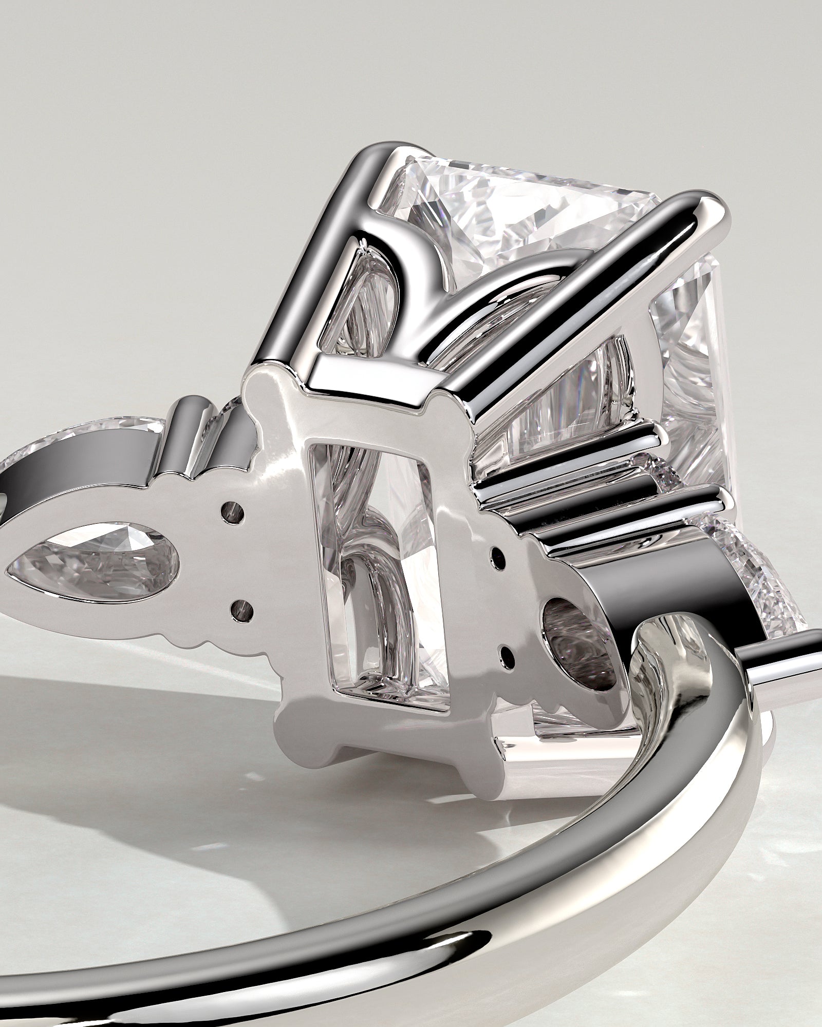 Heidi - Radiant Claw Solitaire with Pear Accents and Round Shoulder Stones Engagement Ring - Platinum - White Gold / Platinum 2ct