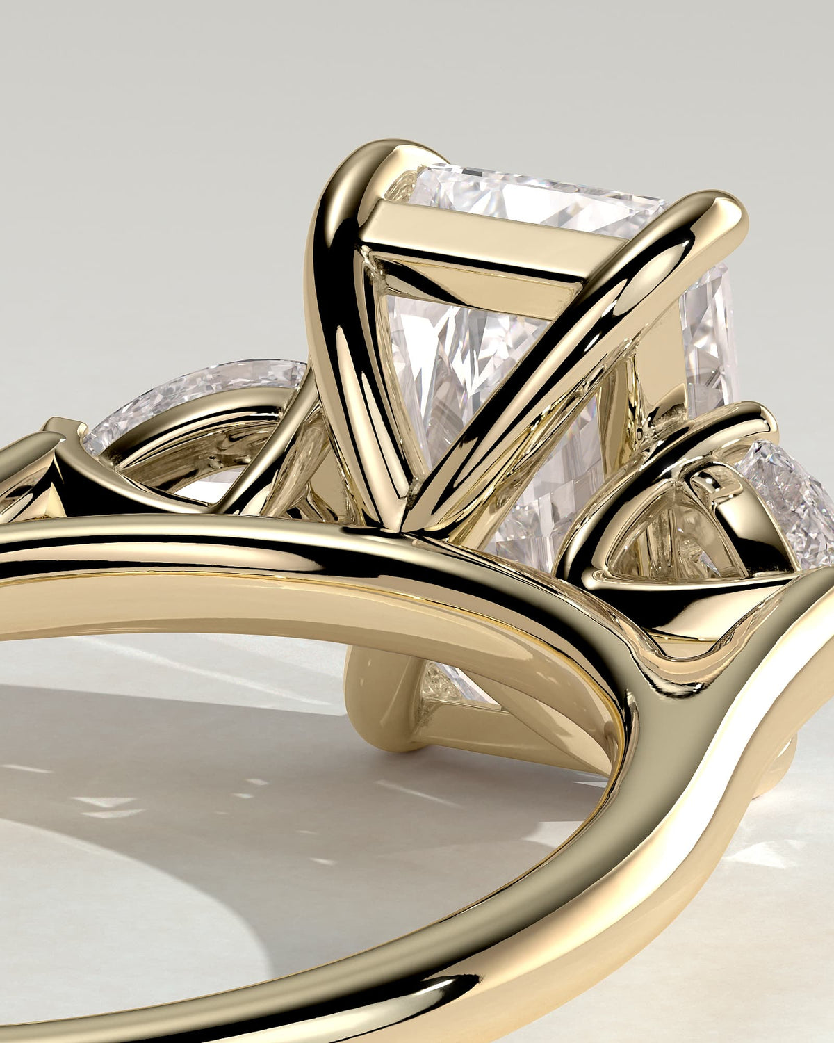 Jasmine - Radiant Claw Trilogy with Pear Side Stones and Cathedral Setting Engagement Ring - Yellow Gold