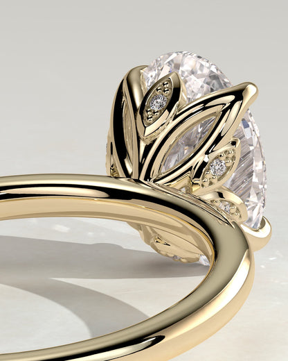 Aurelie - Oval Claw Solitaire with Petal Gallery and Accent Leaf Detail Engagement Ring - Yellow Gold