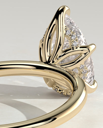 Blossom - Pear Claw Solitaire with Petal Gallery and Accented Tiara Detail Engagement Ring - Yellow Gold