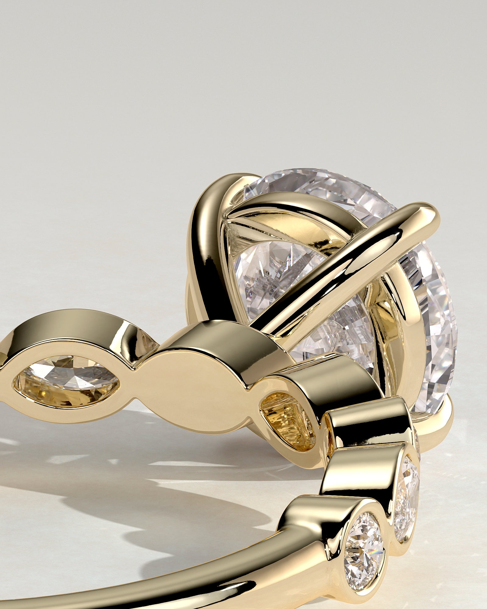 Cartia - Round Claw Solitaire with Round-Marquise Bezel Accent Stones Engagement Ring - Yellow Gold - Yellow Gold 2ct