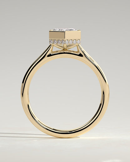 Gloria - Elongated Hexagon Bezel Solitaire with Hidden Halo and Cathedral High Setting Engagement Ring - Yellow Gold