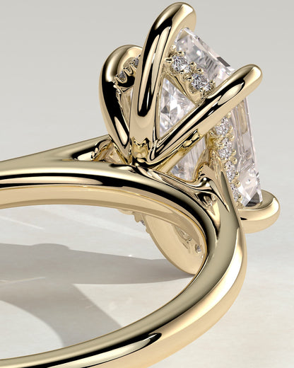 Anastasia - Elongated Hexagon Claw Solitaire with Hidden Halo and Cathedral High Setting Engagement Ring - Yellow Gold
