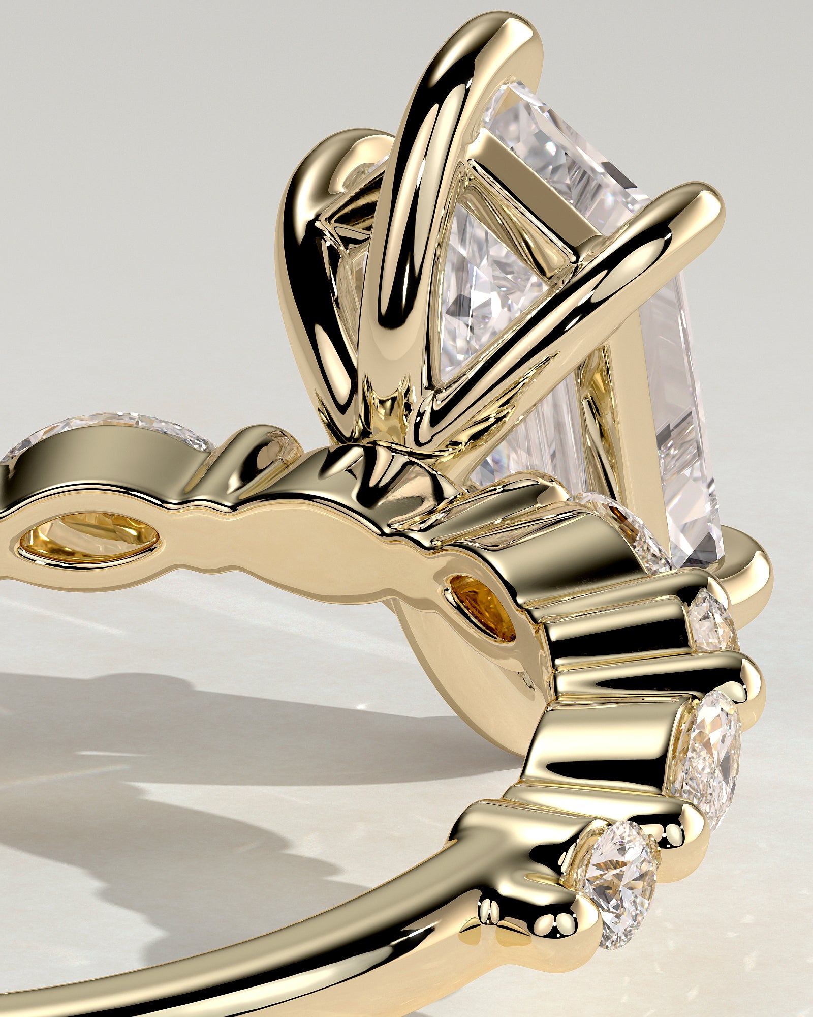 Agnes - Elongated Hexagon Claw Solitaire with Marquise and Round Accent Stones Engagement Ring - Yellow Gold - Yellow Gold 2ct