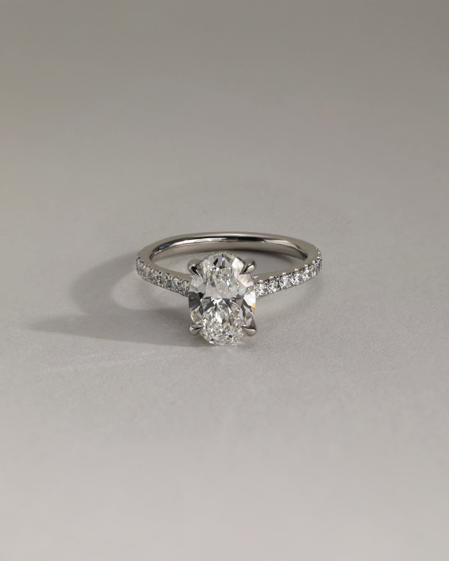 Julia - Oval Claw Solitaire with Hidden Halo, Pave Band and Cathedral High Setting Engagement Ring - Rose Two-Tone