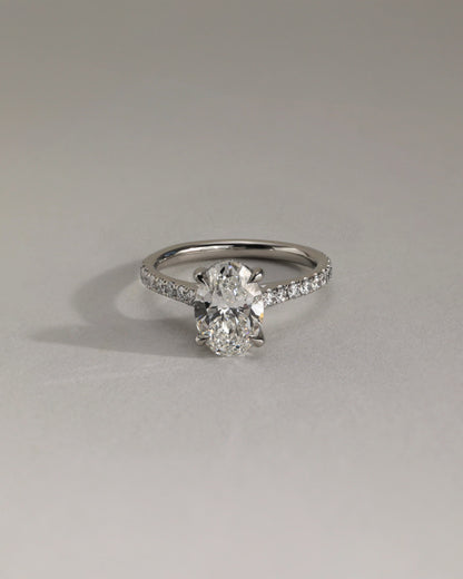 Julia - Oval Claw Solitaire with Hidden Halo, Pave Band and Cathedral High Setting Engagement Ring - White Gold