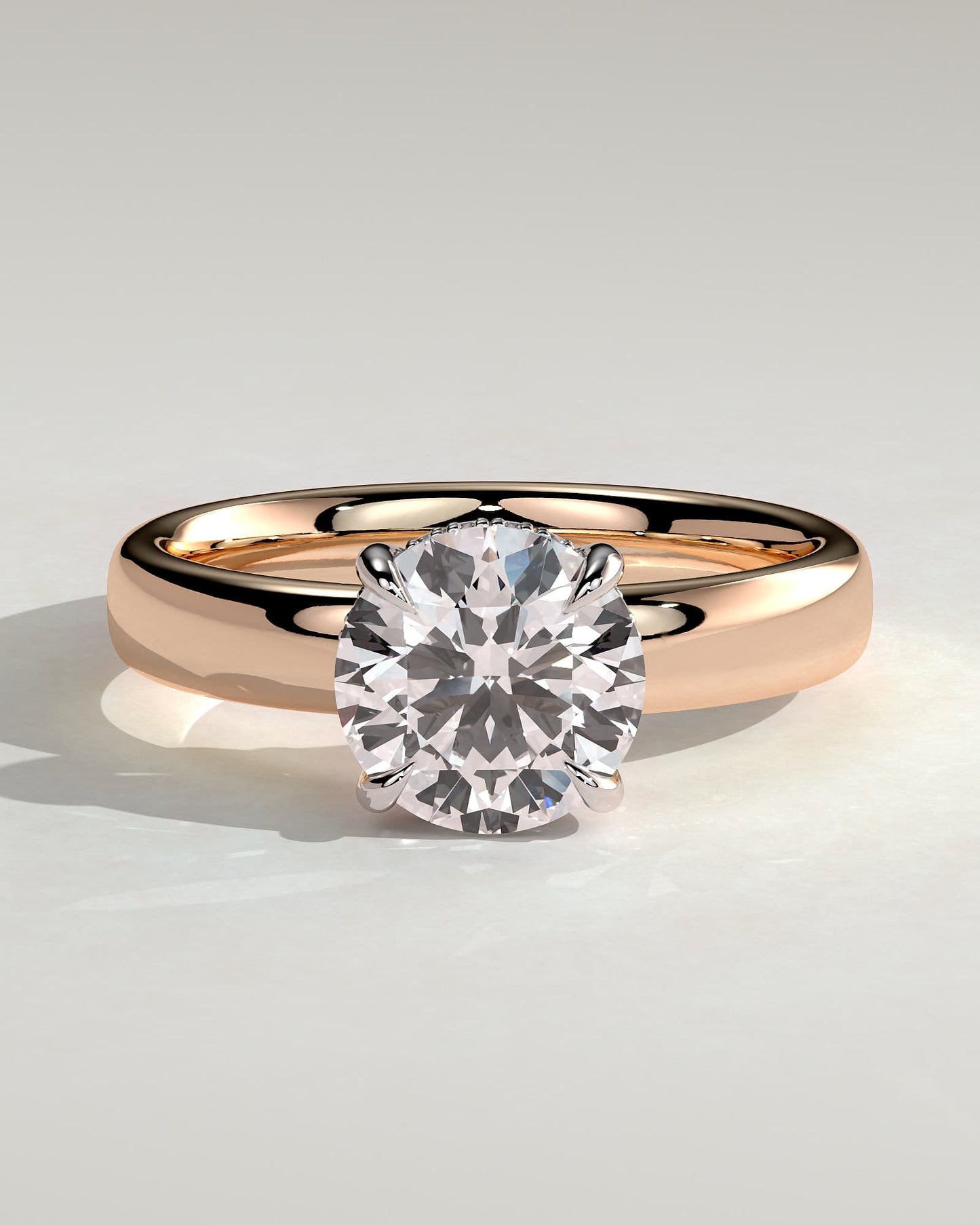 Kylie - Statement Round Claw Solitaire with Cigar Band and Hidden Halo Engagement Ring - Rose Two-Tone