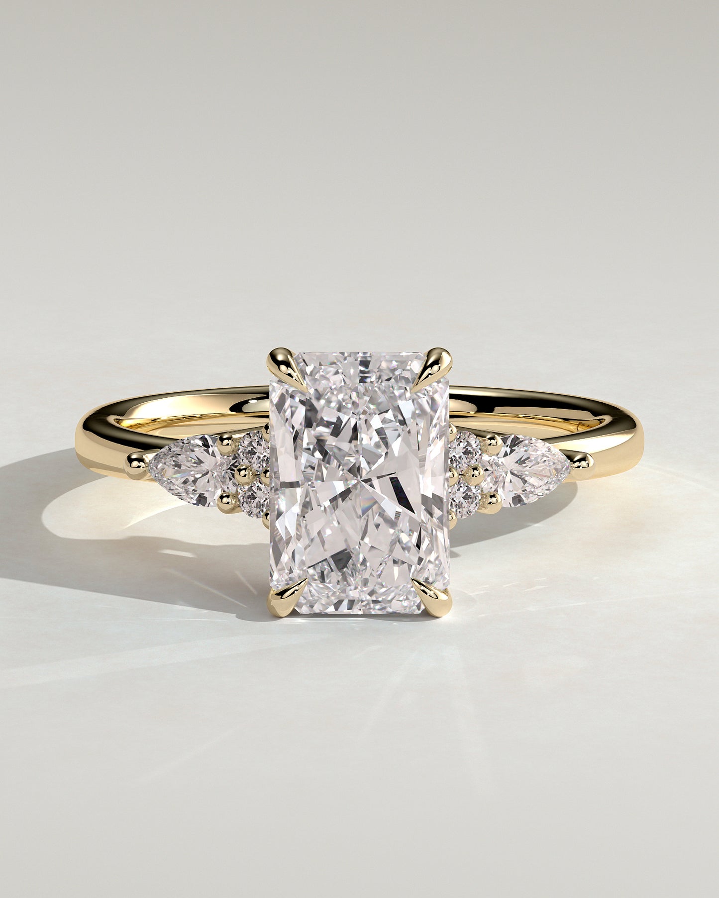 Heidi - Radiant Claw Solitaire with Pear Accents and Round Shoulder Stones Engagement Ring - Yellow Gold - Yellow Gold 2ct