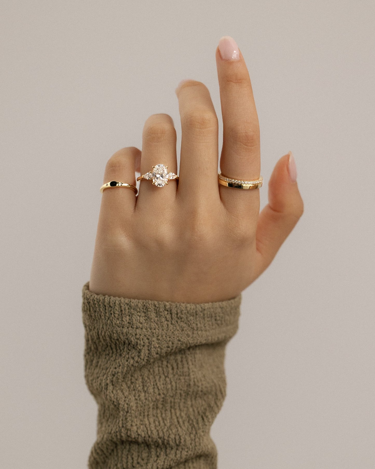 Alexia - Oval Claw Trilogy with Pear Side Stones and Cathedral Setting Engagement Ring - Yellow Gold