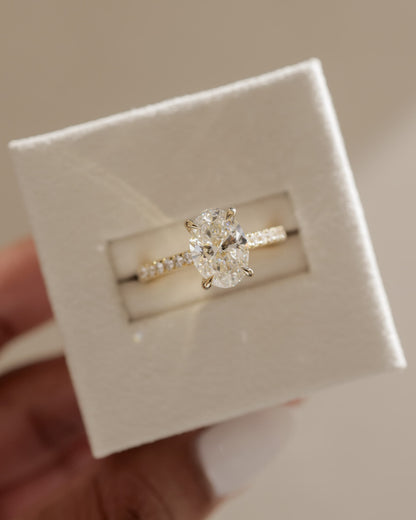 Julia - Oval Claw Solitaire with Hidden Halo, Pave Band and Cathedral High Setting Engagement Ring - Yellow Gold