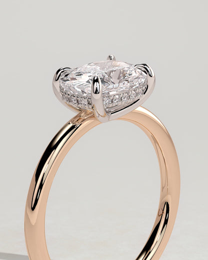 Frida - Elongated Cushion East West Claw Solitaire with Hidden Halo Engagement Ring - Rose Two-Tone