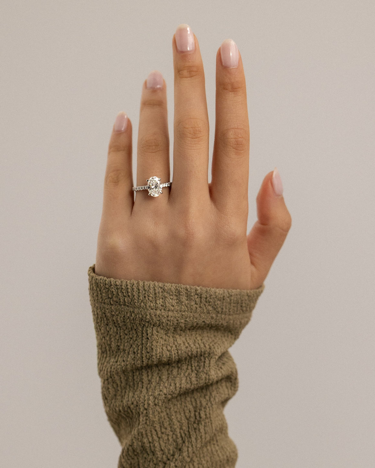 Julia - Oval Claw Solitaire with Hidden Halo, Pave Band and Cathedral High Setting Engagement Ring - Yellow Gold