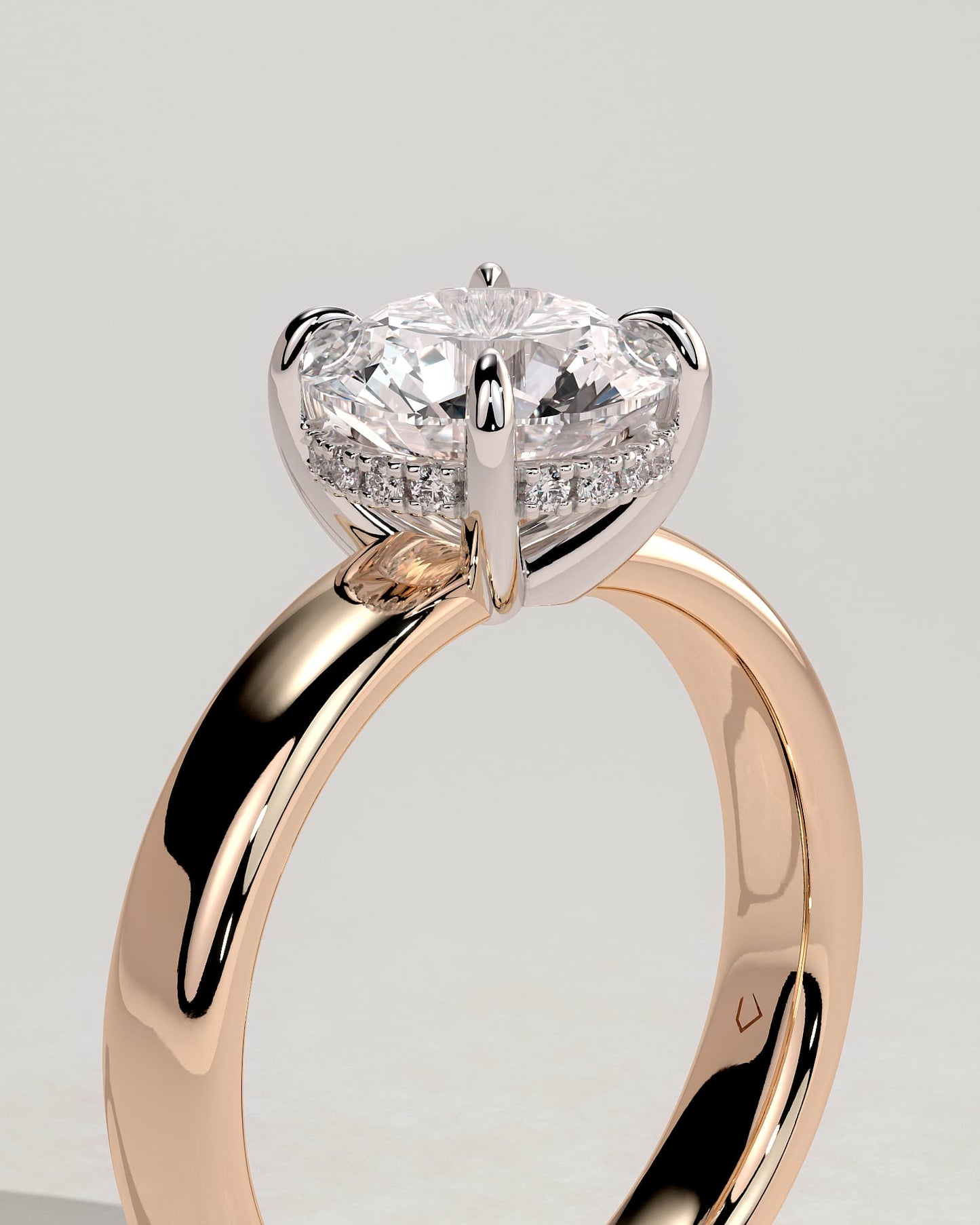 Kylie - Statement Round Claw Solitaire with Cigar Band and Hidden Halo Engagement Ring - Rose Two-Tone