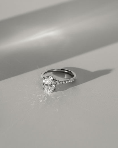 Julia - Oval Claw Solitaire with Hidden Halo, Pave Band and Cathedral High Setting Engagement Ring - Yellow Gold