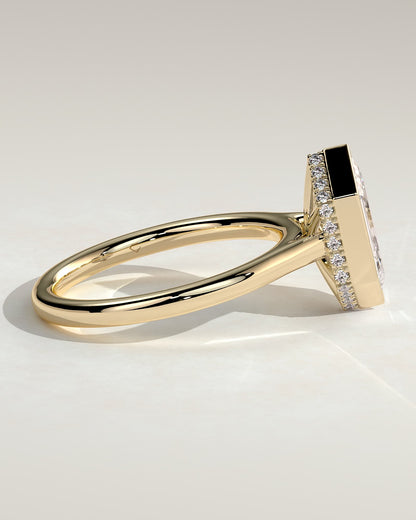 Gloria - Elongated Hexagon Bezel Solitaire with Hidden Halo and Cathedral High Setting Engagement Ring - Yellow Gold