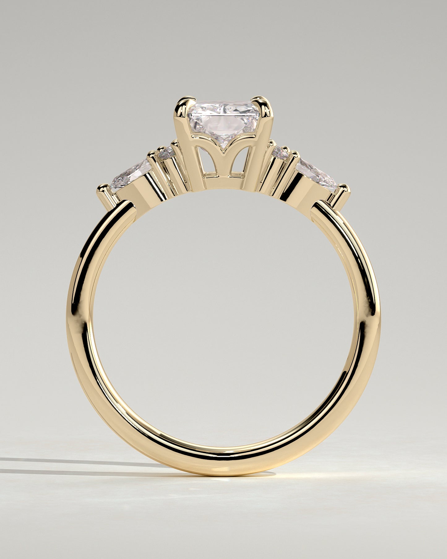 Heidi - Radiant Claw Solitaire with Pear Accents and Round Shoulder Stones Engagement Ring - Yellow Gold - Yellow Gold 2ct