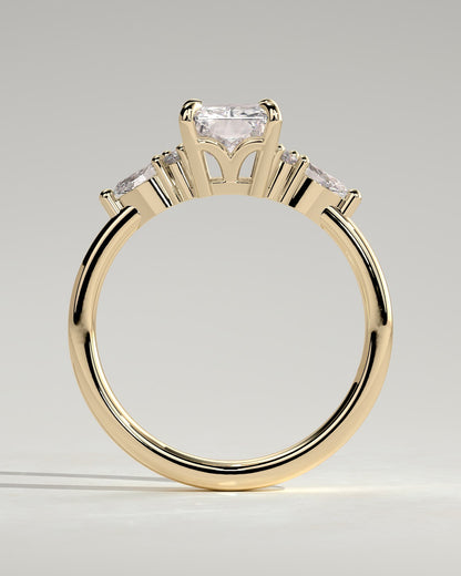 Heidi - Radiant Claw Solitaire with Pear Accents and Round Shoulder Stones Engagement Ring - Yellow Gold