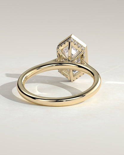 Gloria - Elongated Hexagon Bezel Solitaire with Hidden Halo and Cathedral High Setting Engagement Ring - Yellow Gold