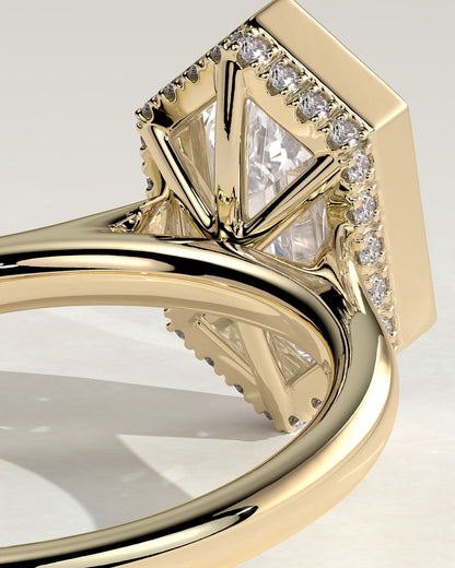 Gloria - Elongated Hexagon Bezel Solitaire with Hidden Halo and Cathedral High Setting Engagement Ring - Yellow Gold
